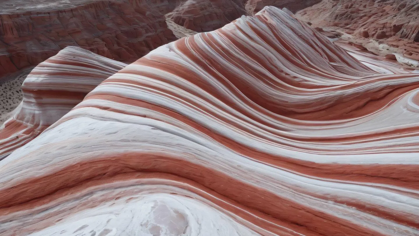 Natural rock formations with smooth curves and layers rendered in white and red colors photographed from ground up perspective high-quality ultra-realistic cinematic 8K UHD high resolution sharp and detail