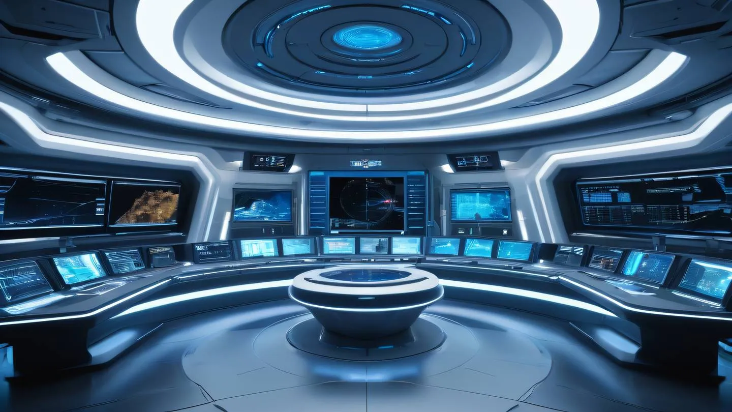 A futuristic space station control room interior with sleek curved walls floating holographic displays in bright blue and white colors camera angle: wide angle shot from corner showing the depth of the room high-quality ultra-realistic cinematic 8K UHD high resolution sharp and detail