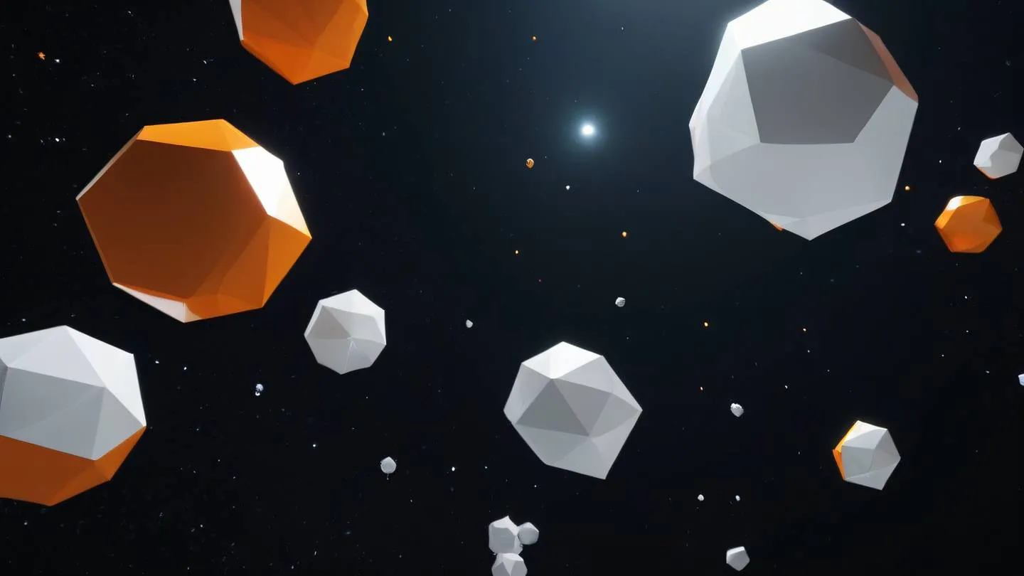 Abstract geometric shapes floating in space with bold orange and white crystalline structures against a deep black background camera angle: looking up at 45 degrees high-quality ultra-realistic cinematic 8K UHD high resolution sharp and detail