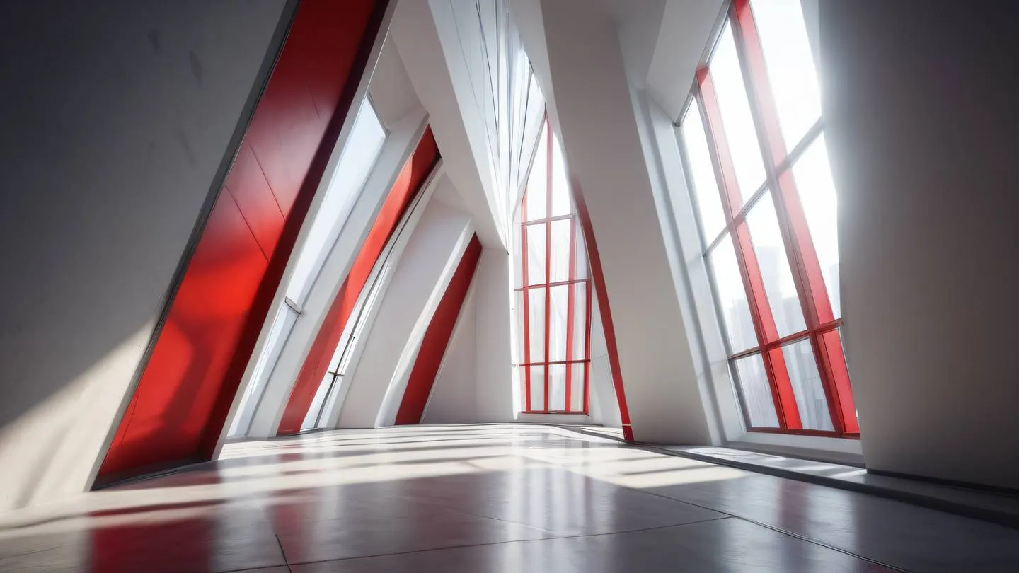 Light rays streaming through geometric windows in a modern architectural space with bright blood red and white color palette camera angle: straight on with dramatic shadows high-quality ultra-realistic cinematic 8K UHD high resolution sharp and detail