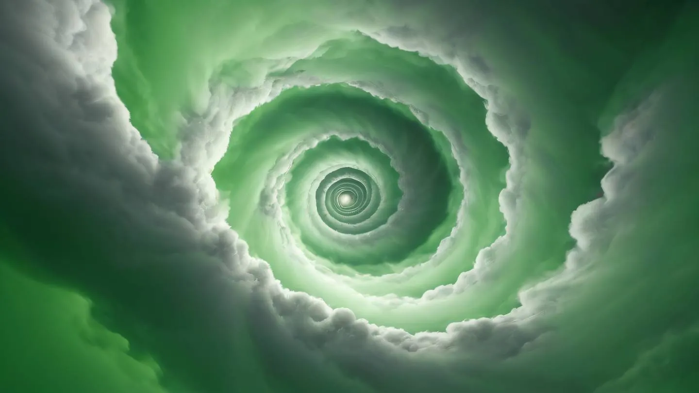 Smooth flowing abstract clouds in motion creating spiral patterns dominant bright green tones blending with concrete grey highlights photographed from a low angle perspective with upward motion high-quality ultra-realistic cinematic 8K UHD high resolution sharp and detail