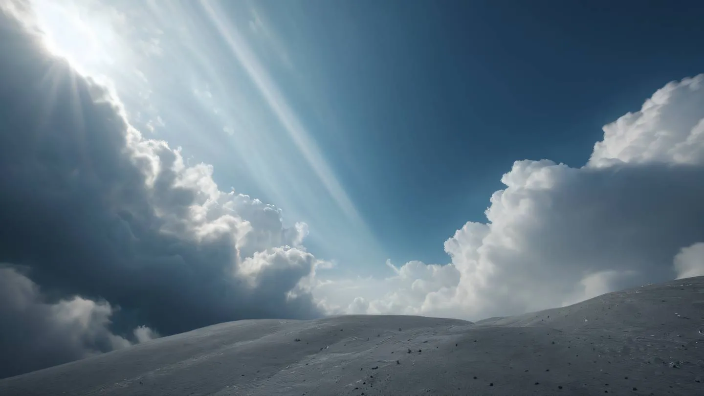 Nebulous cloud formations with light rays piercing through dominant concrete grey and dusty blue colors creating ethereal patterns dramatic diagonal camera angle from bottom left high-quality ultra-realistic cinematic 8K UHD high resolution sharp and detail