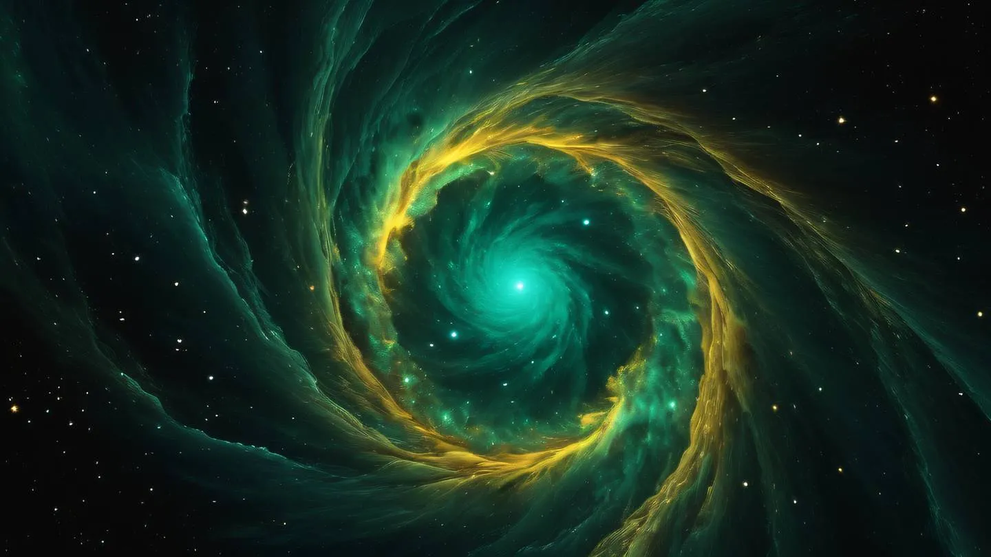 Abstract flowing pattern resembling cosmic nebula with emerald green and golden yellow colors swirling together against black background captured from top-down perspective high-quality ultra-realistic cinematic 8K UHD high resolution sharp and detail