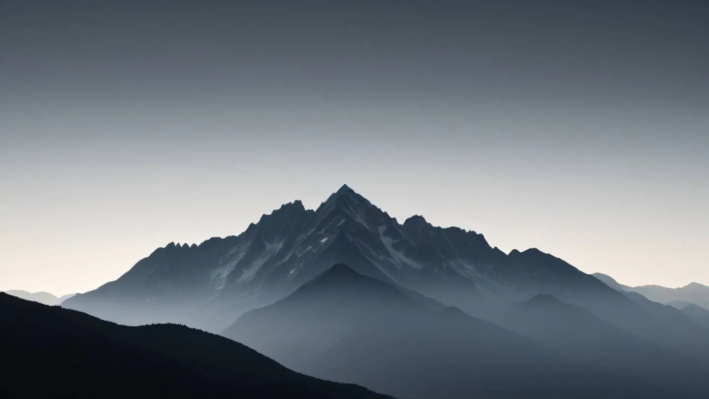 Minimalist mountain range silhouette against gradient sky with modern grey and white tones photographed from low angle perspective high-quality ultra-realistic cinematic 8K UHD high resolution sharp and detail