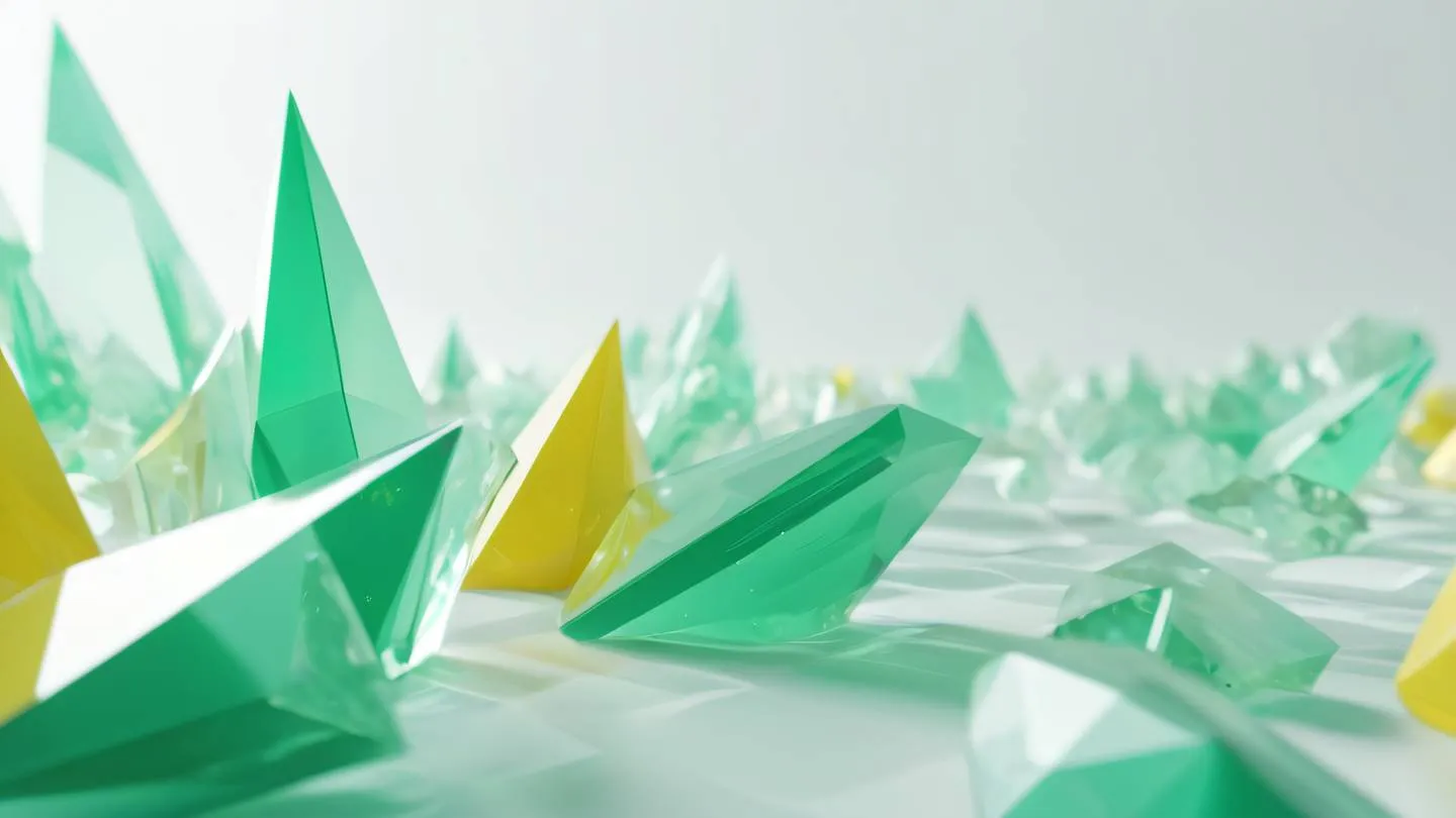 Abstract geometric composition with floating crystalline shapes in bright emerald and soft yellow colors against white background shot from straight-on perspective high-quality ultra-realistic cinematic 8K UHD high resolution sharp and detail