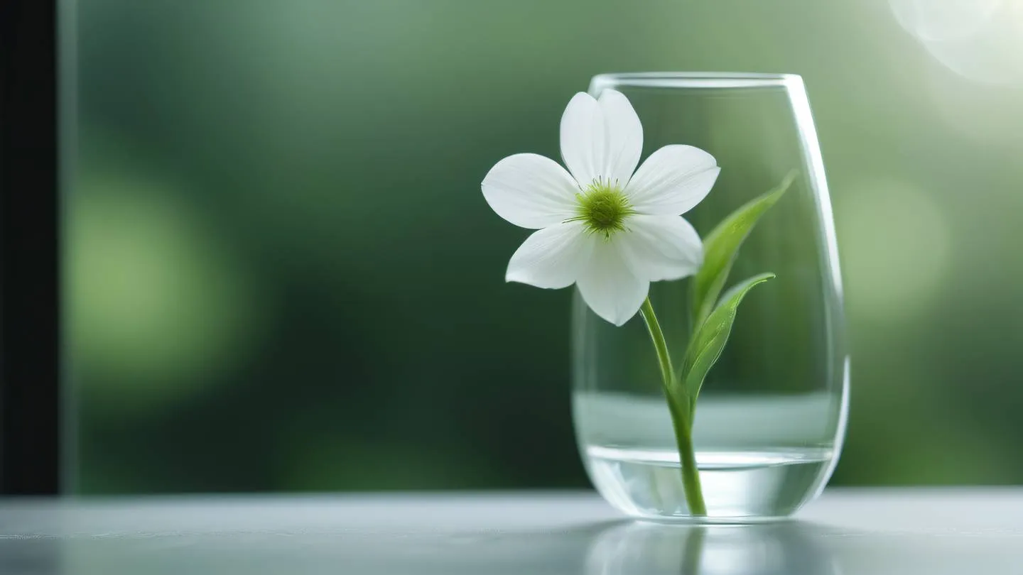 A serene landscape featuring a pristine white flower in sharp focus against a naturally blurred background of etched glass and green tones captured from a macro perspective high-quality ultra-realistic cinematic 8K UHD high resolution sharp and detail