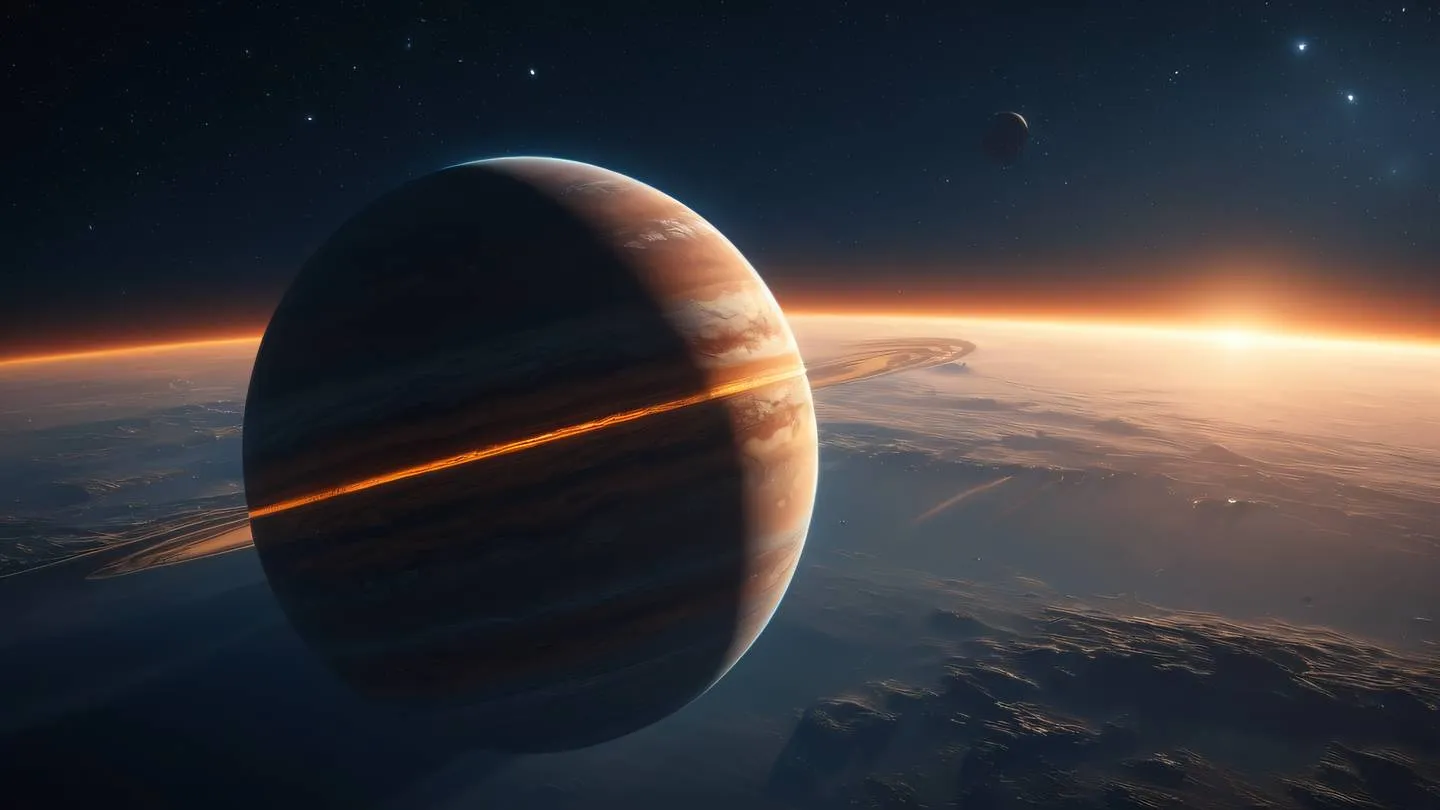 A distant planet with striking orange and blue atmospheric layers visible from space with stars twinkling in the background captured from a wide-angle orbital perspective high-quality ultra-realistic cinematic 8K UHD high resolution sharp and detail