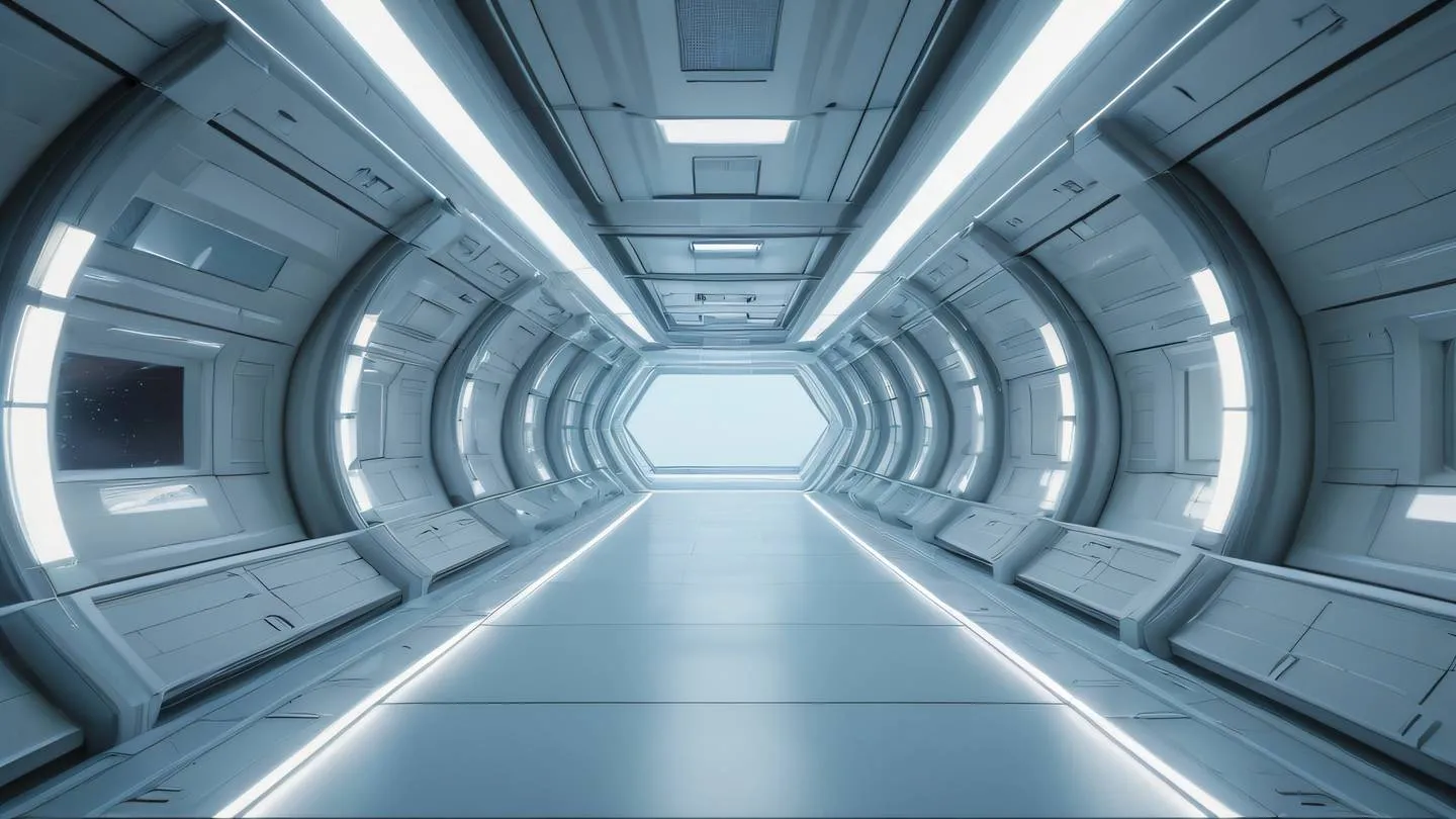 A minimalist abstract space station interior with clean geometric lines and smooth surfaces featuring soft natural lighting streaming through large windows. Colors: sun-washed brick and breezeway blue gradient crystal-clear glass reflections. Camera angle: wide-angle architectural perspective shot looking down a curved corridor. high-quality ultra-realistic cinematic 8K UHD high resolution sharp and detail