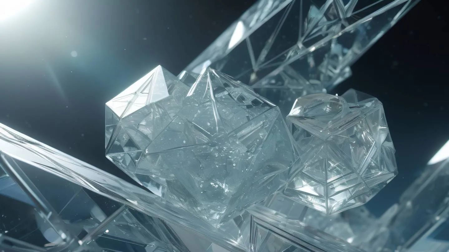 Abstract crystalline structure floating in space with geometric patterns and translucent layers. Colors: etched glass and whisper white with subtle golden highlights. Camera angle: macro close-up shot capturing intricate details and light refraction. high-quality ultra-realistic cinematic 8K UHD high resolution sharp and detail