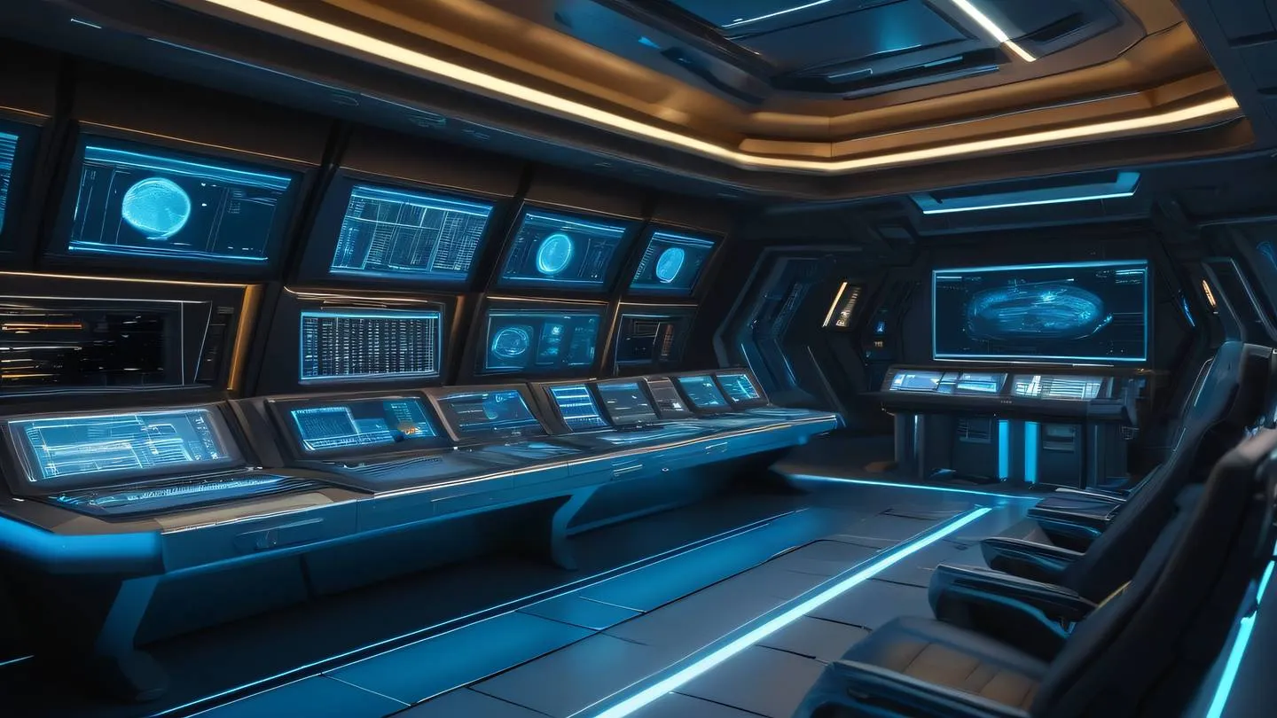 Futuristic spaceship control room with holographic displays and sleek modern surfaces. Colors: natural metallic tones with breezeway blue accents and warm golden lighting. Camera angle: low-angle dramatic shot emphasizing depth and scale. high-quality ultra-realistic cinematic 8K UHD high resolution sharp and detail