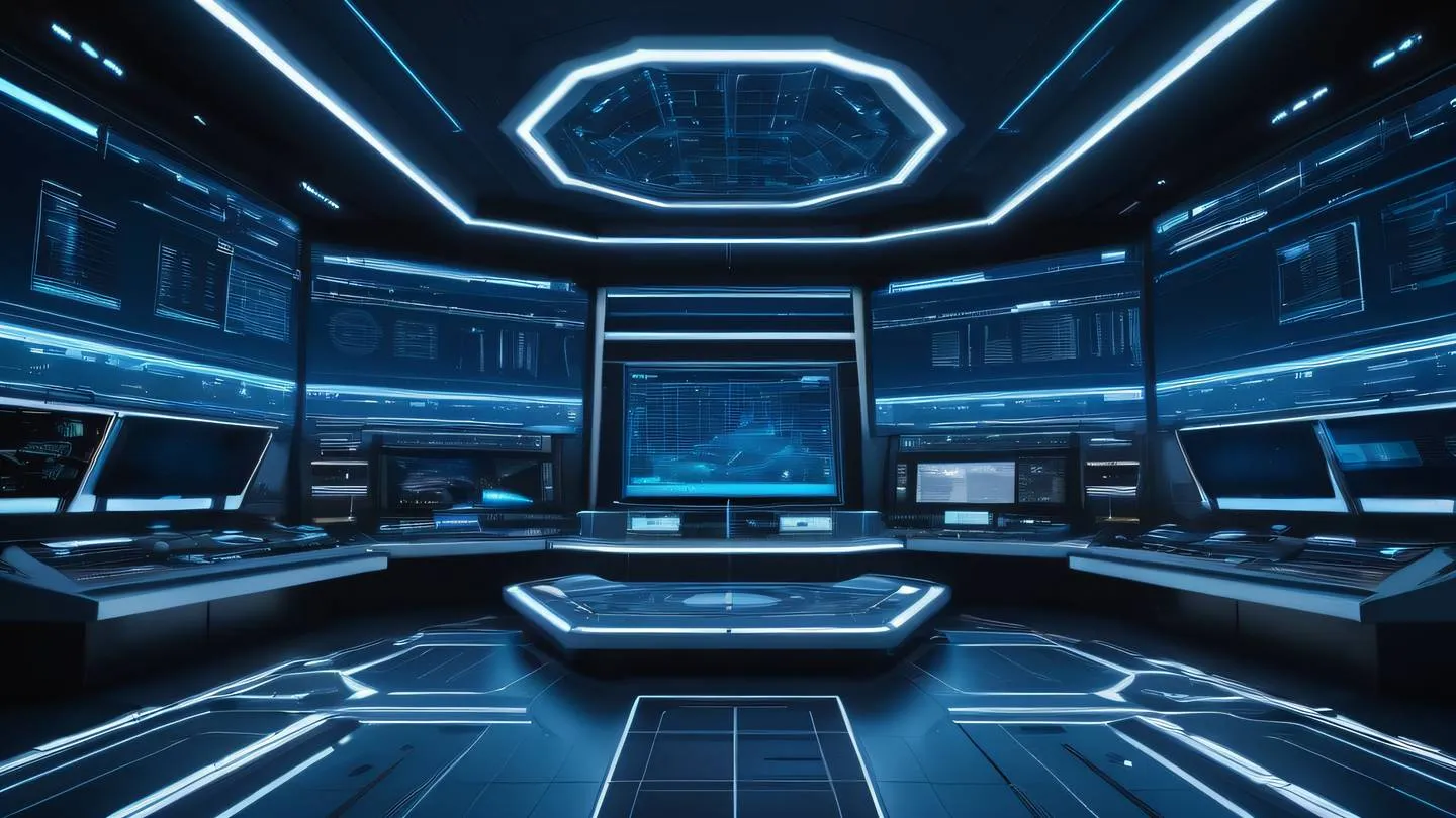 A futuristic space station control room with holographic data streams flowing through abstract geometric patterns featuring bright neon blue and white color scheme against a deep navy background. Shot from a low angle perspective looking up at the vast array of data visualization elements. high-quality ultra-realistic cinematic 8K UHD high resolution sharp and detail