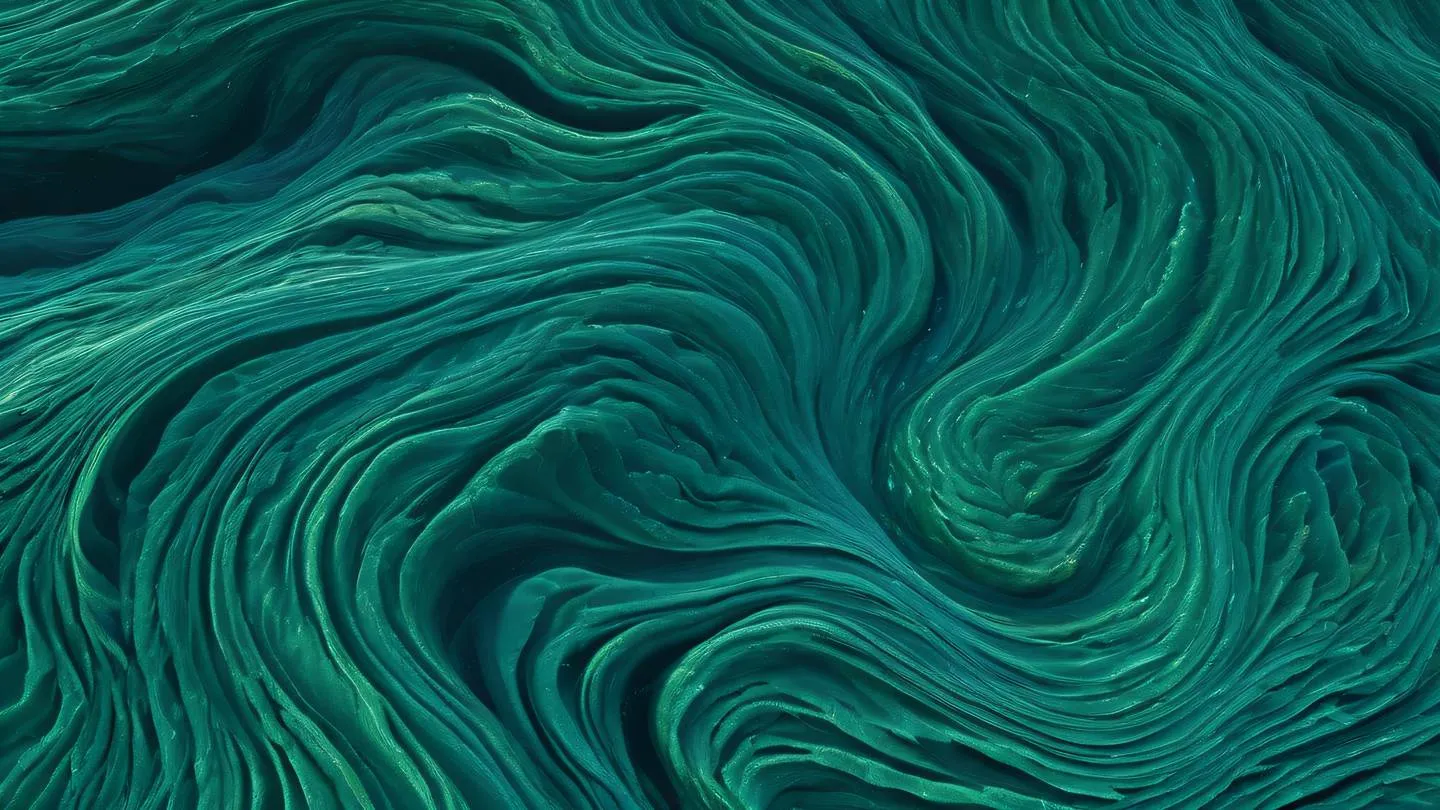 Abstract visualization of data flow patterns resembling ocean currents with bright seaweed green and stone blue colors swirling in geometric formations. Captured from a bird's eye view perspective. high-quality ultra-realistic cinematic 8K UHD high resolution sharp and detail