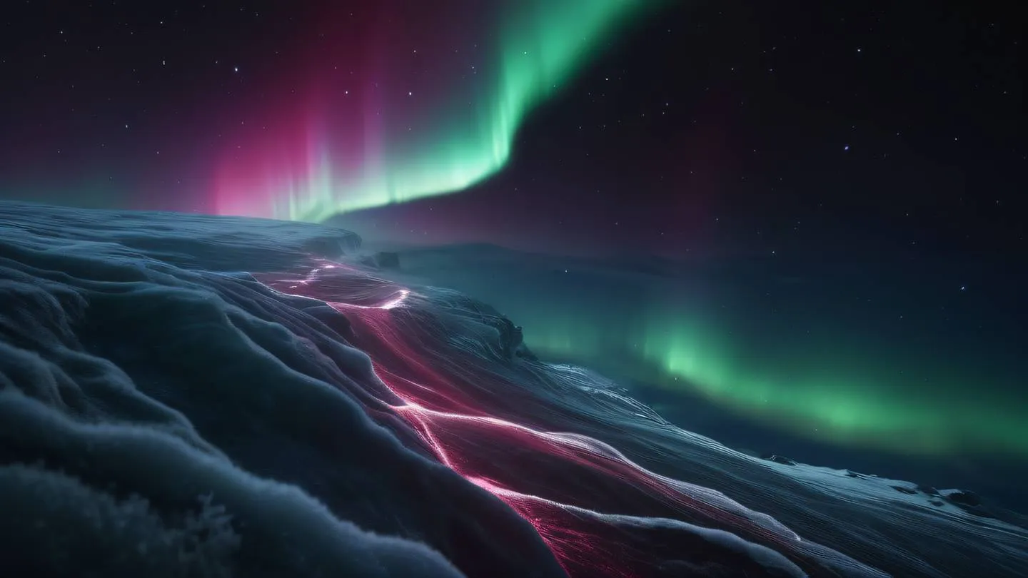 Ethereal northern lights-inspired data streams flowing through crystalline structures featuring bright maroon and white colors against a dark background. Captured from a dramatic diagonal angle. high-quality ultra-realistic cinematic 8K UHD high resolution sharp and detail