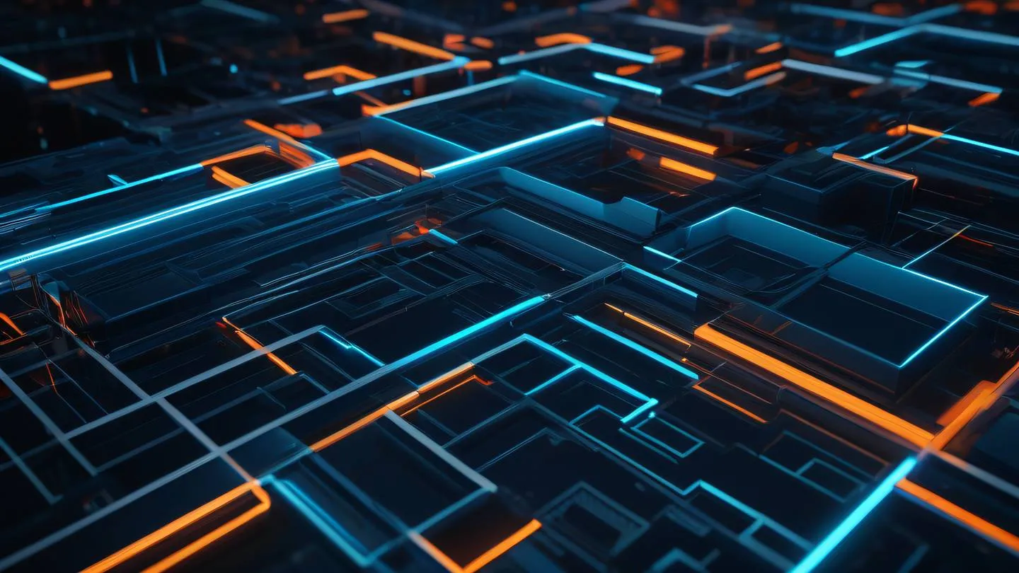 Dynamic abstract composition of interconnected geometric shapes representing data flow with bright neon orange and stone blue colors creating depth and dimension. Shot from a straight-on perspective with slight upward tilt. high-quality ultra-realistic cinematic 8K UHD high resolution sharp and detail