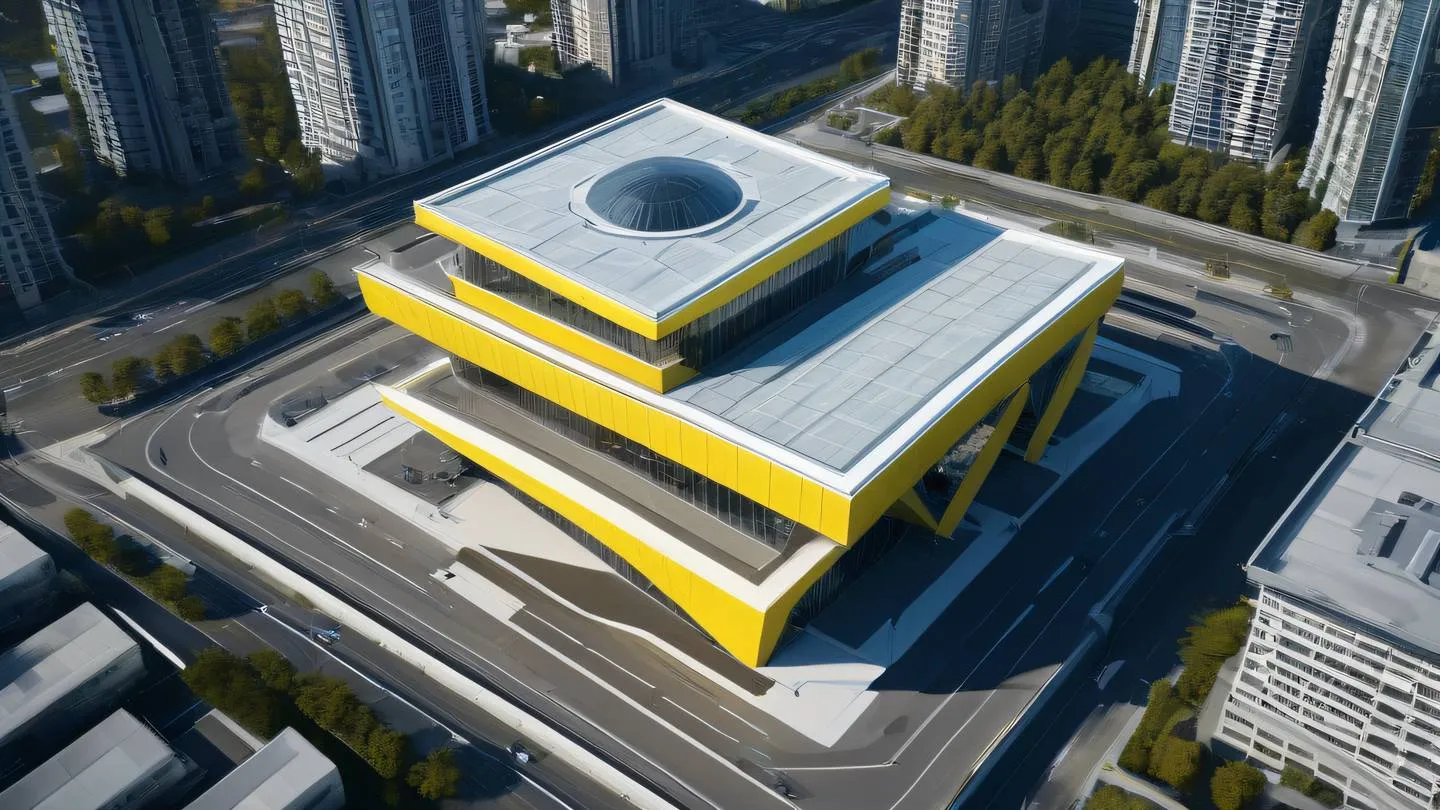 Modern futuristic architecture building with glass panels and sharp angles featuring bright yellow and white color scheme geometric patterns casting dramatic shadows aerial view from drone perspective high-quality ultra-realistic cinematic 8K UHD high resolution sharp and detail