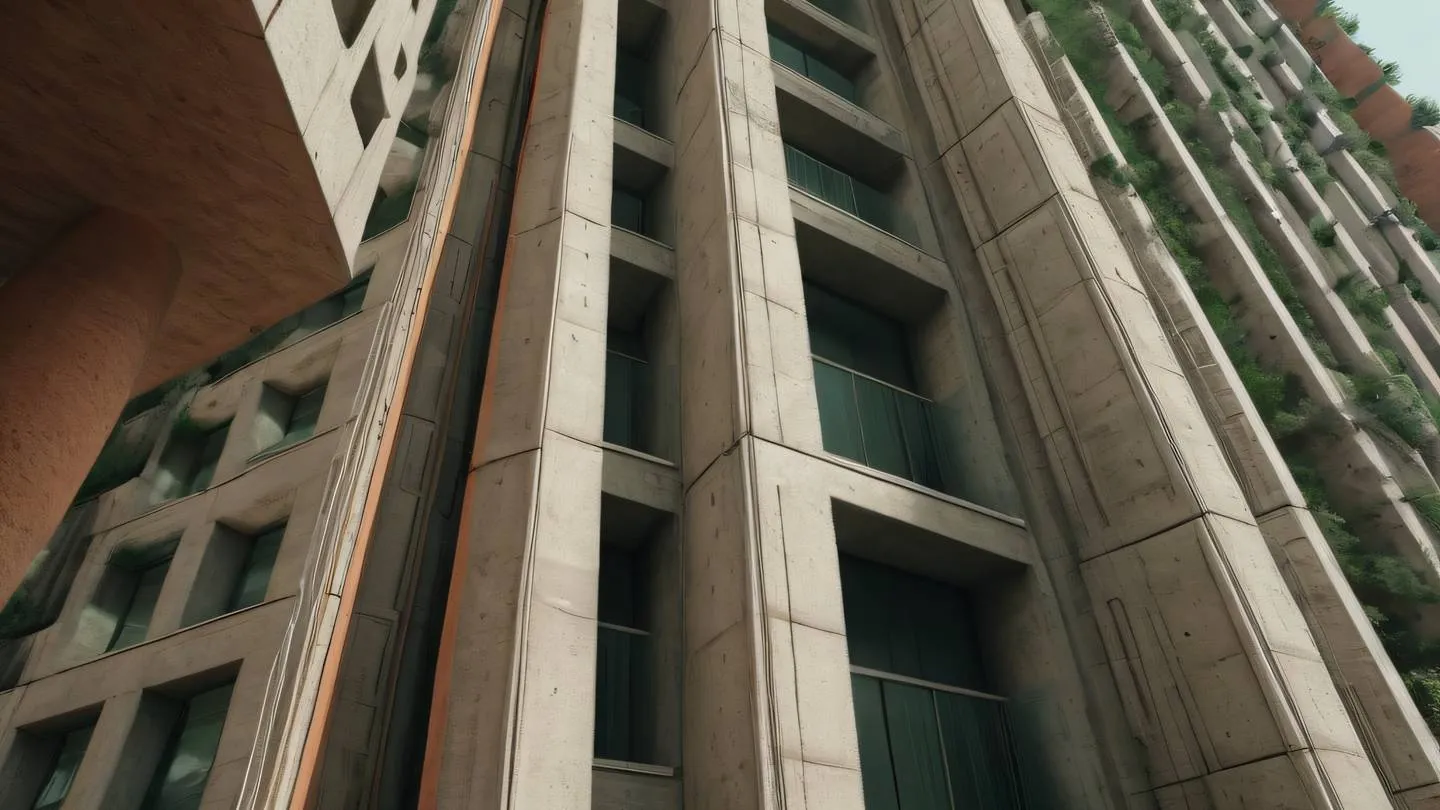 Concrete modern architecture with interlocking geometric shapes featuring Rustic terracotta and forest green color palette shot from ground level looking up emphasizing vertical lines and structural harmony high-quality ultra-realistic cinematic 8K UHD high resolution sharp and detail