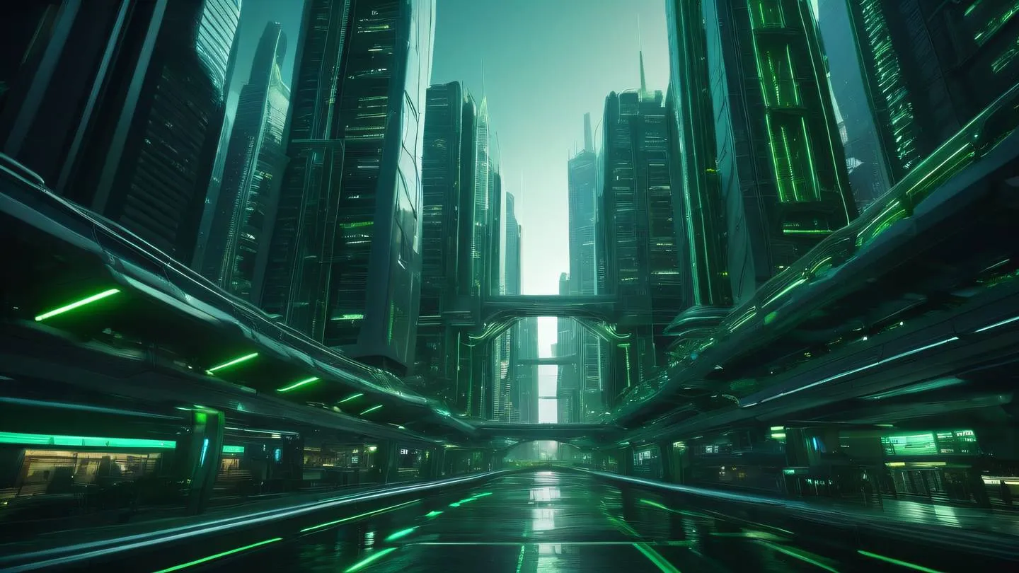 Futuristic cityscape with interconnected skyscrapers featuring dark green and neon green color scheme dramatic perspective from street level with strong leading lines high-quality ultra-realistic cinematic 8K UHD high resolution sharp and detail