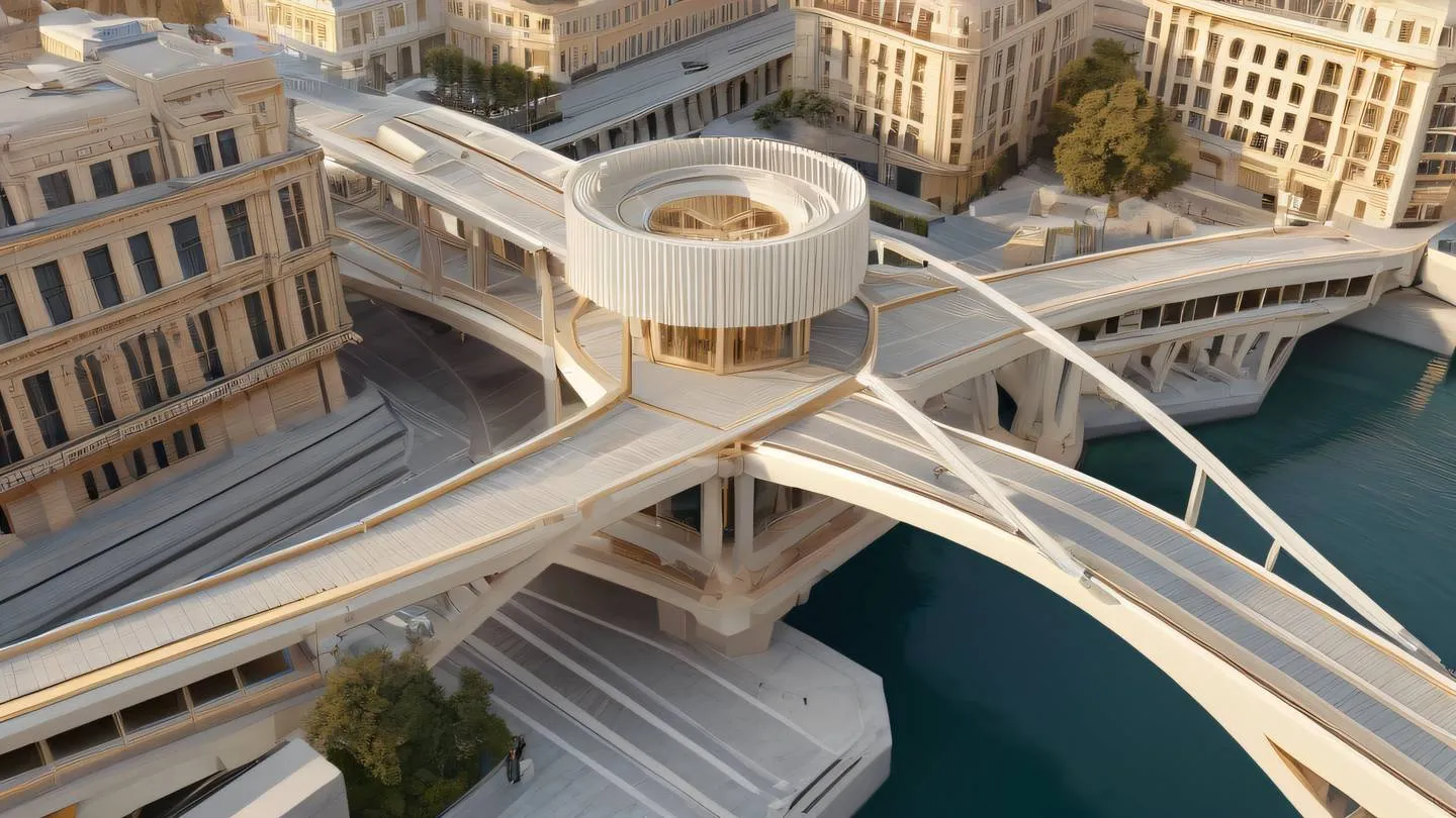 Abstract architectural composition with floating geometric platforms and bridges bright pale colors with warm golden accents photographed from a bird's eye view perspective high-quality ultra-realistic cinematic 8K UHD high resolution sharp and detail