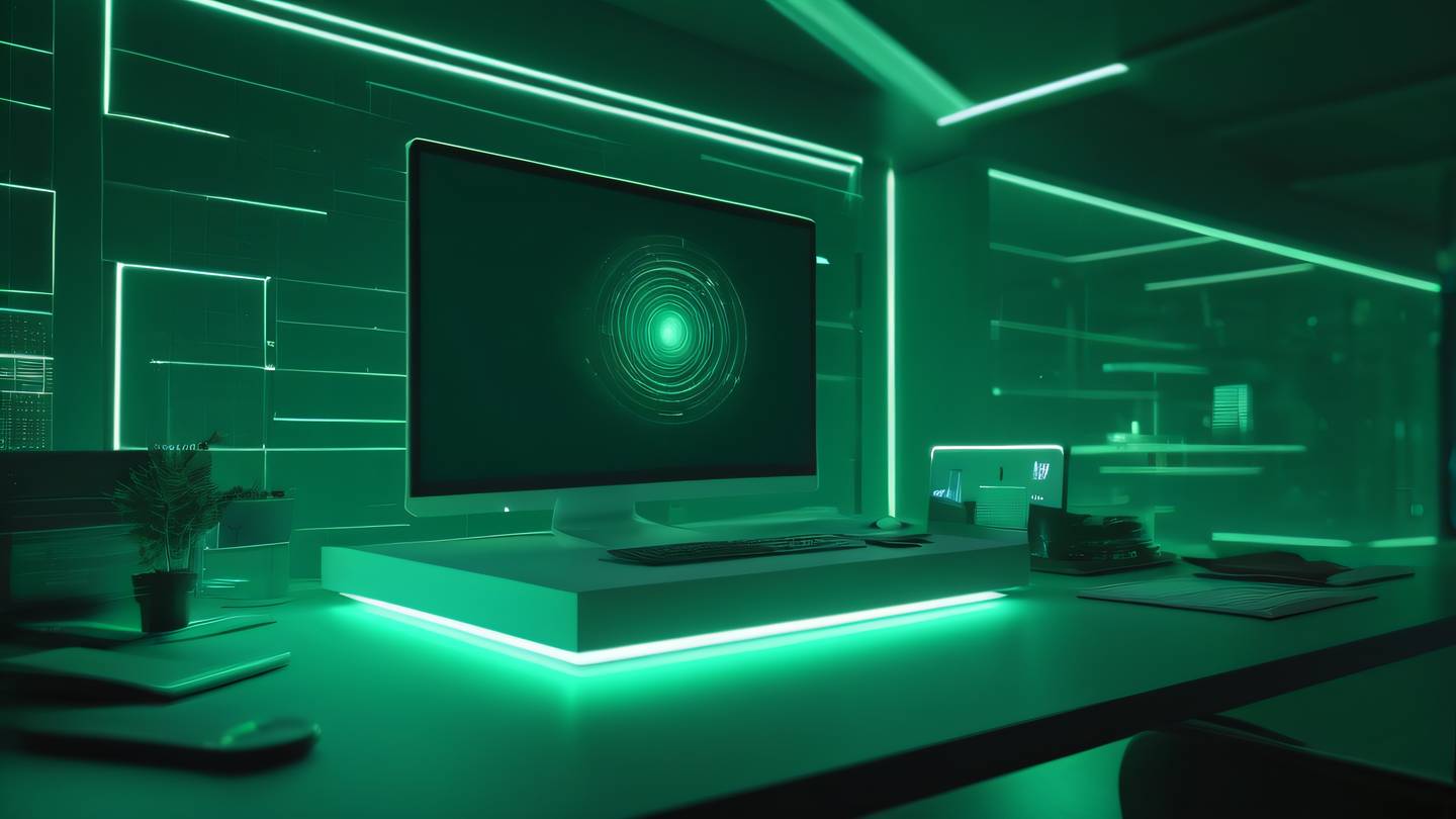 A futuristic minimal workspace with floating holographic code elements dominated by sage green and pine green gradient lighting clean geometric shapes in the background shot from a raised 45-degree angle high-quality ultra-realistic cinematic 8K UHD high resolution sharp and detail