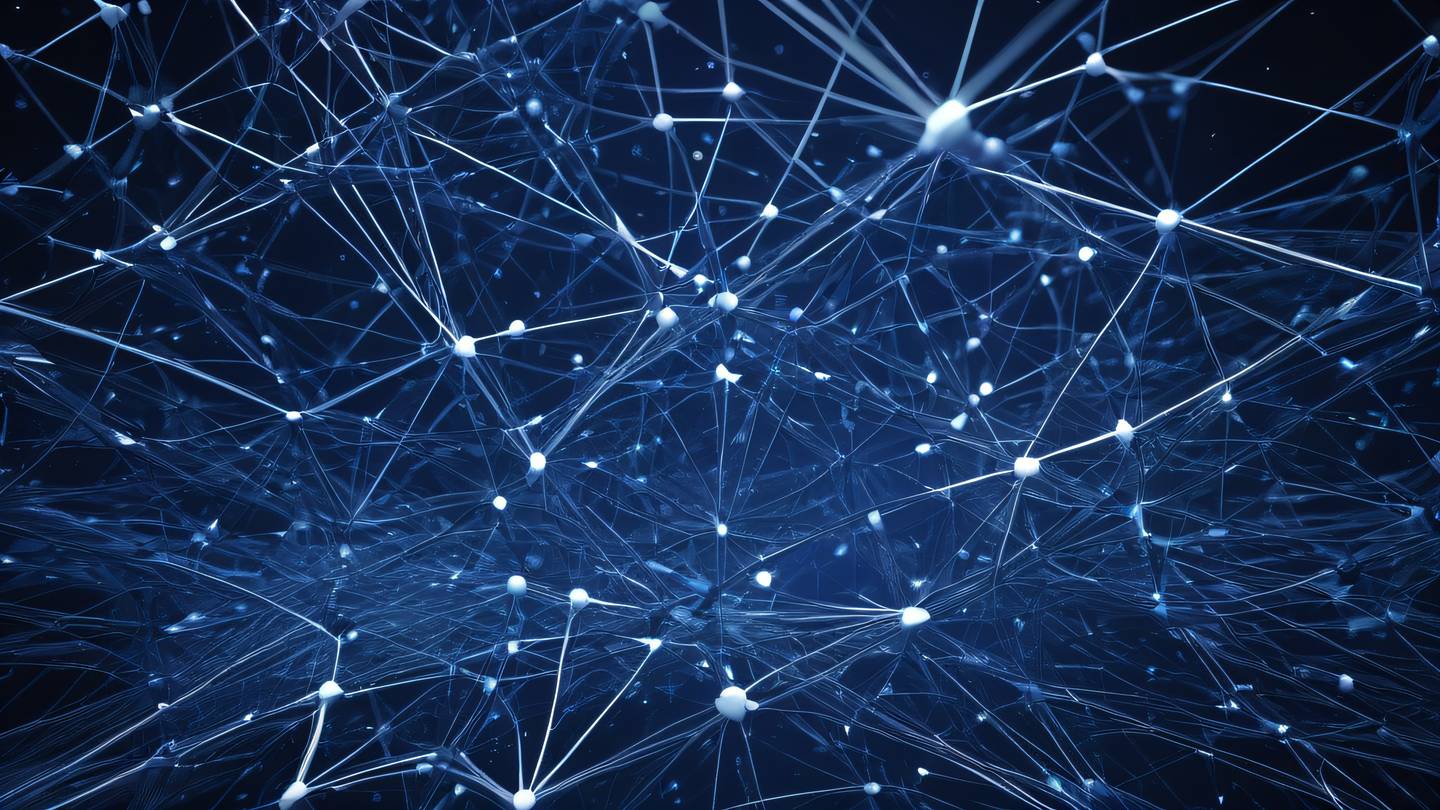 Abstract network of interconnected nodes and pathways in bright indigo and white colors representing data flow and API connections shot from a dramatic low angle perspective high-quality ultra-realistic cinematic 8K UHD high resolution sharp and detail