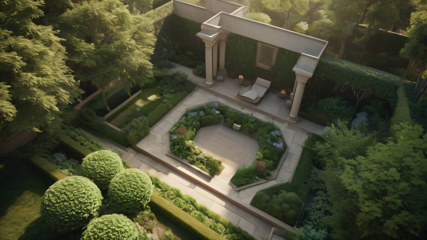 A serene garden environment with geometric architectural elements featuring neutral tones and warm earthy colors interplaying light and shadow viewed from a sweeping aerial perspective high-quality ultra-realistic cinematic 8K UHD high resolution sharp and detail