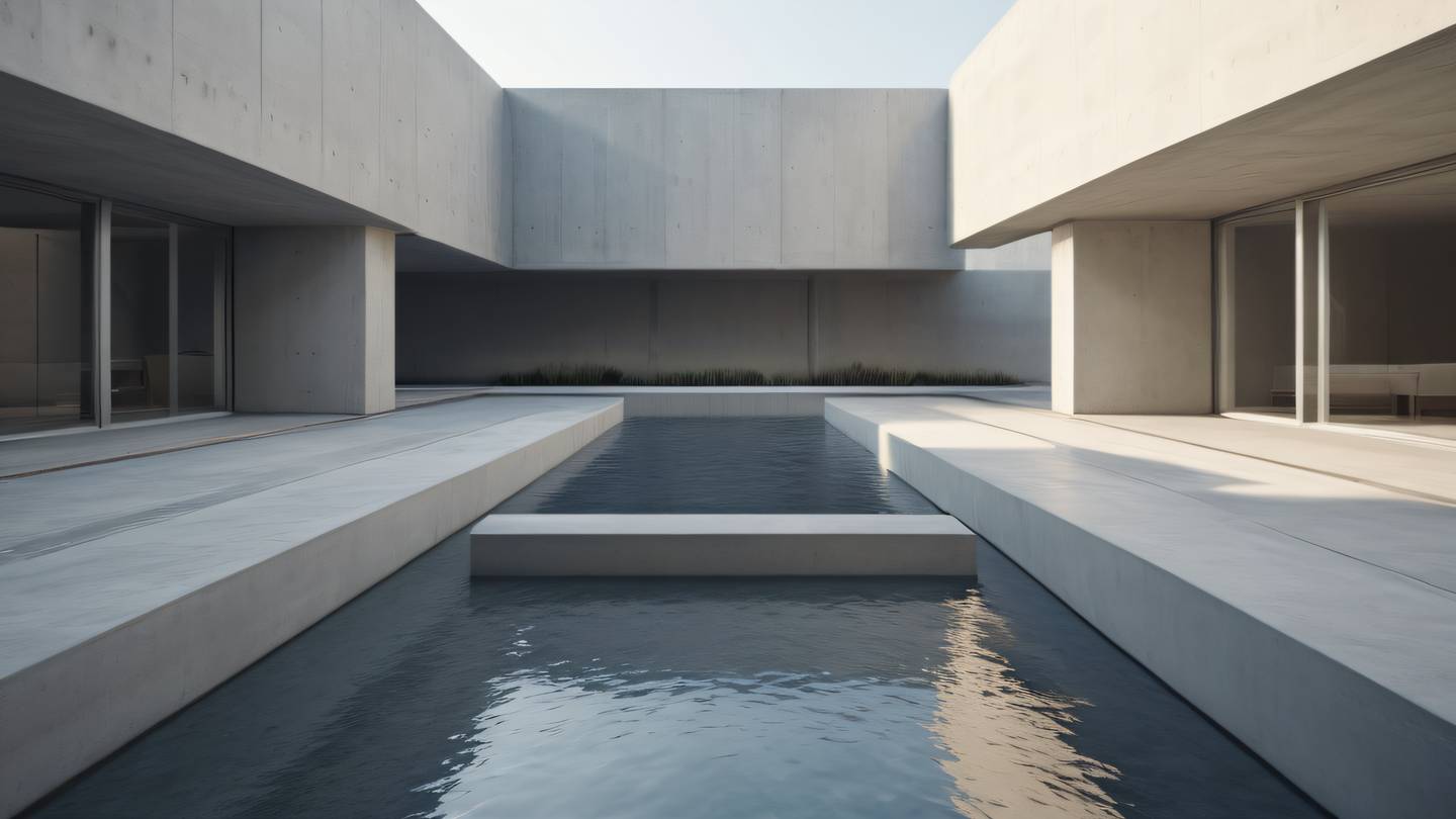 Minimalist concrete courtyard with floating geometric shapes soft creamy whites and light grey tones floating water features shot from eye level with leading lines high-quality ultra-realistic cinematic 8K UHD high resolution sharp and detail