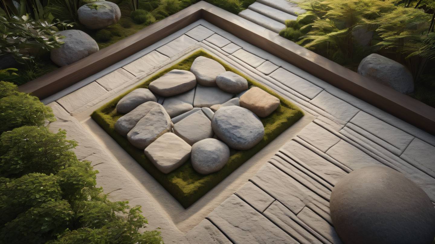 Modern zen garden with geometric stone arrangements and clean lines warm earthy tones with bright highlights shot from above with diagonal composition high-quality ultra-realistic cinematic 8K UHD high resolution sharp and detail