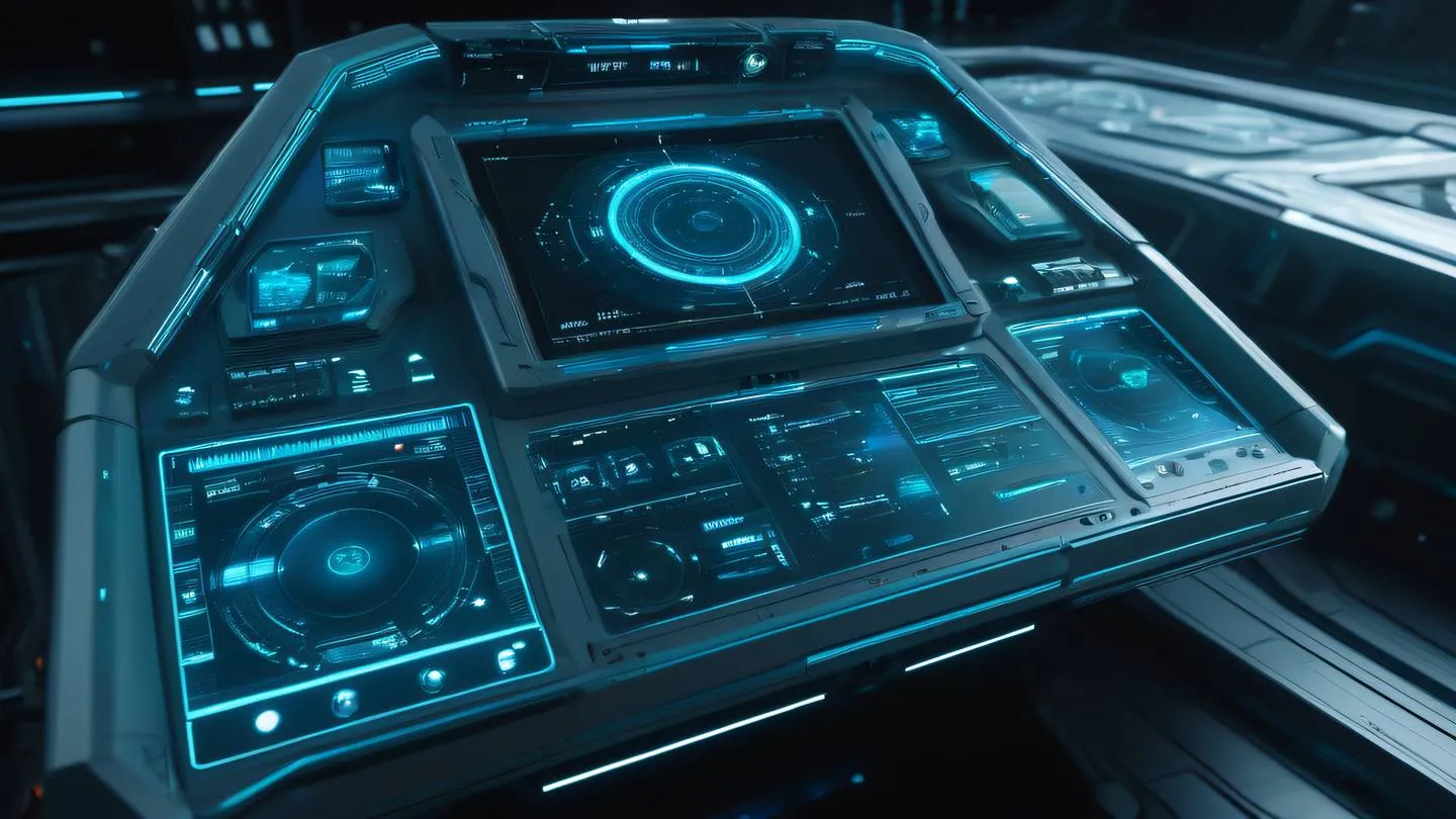 A futuristic spacecraft control panel with holographic displays floating in space featuring intricate crystalline structures color palette: holographic with bright turquoise and electric blue accents camera angle: straight-on wide shot high-quality ultra-realistic cinematic 8K UHD high resolution sharp and detail