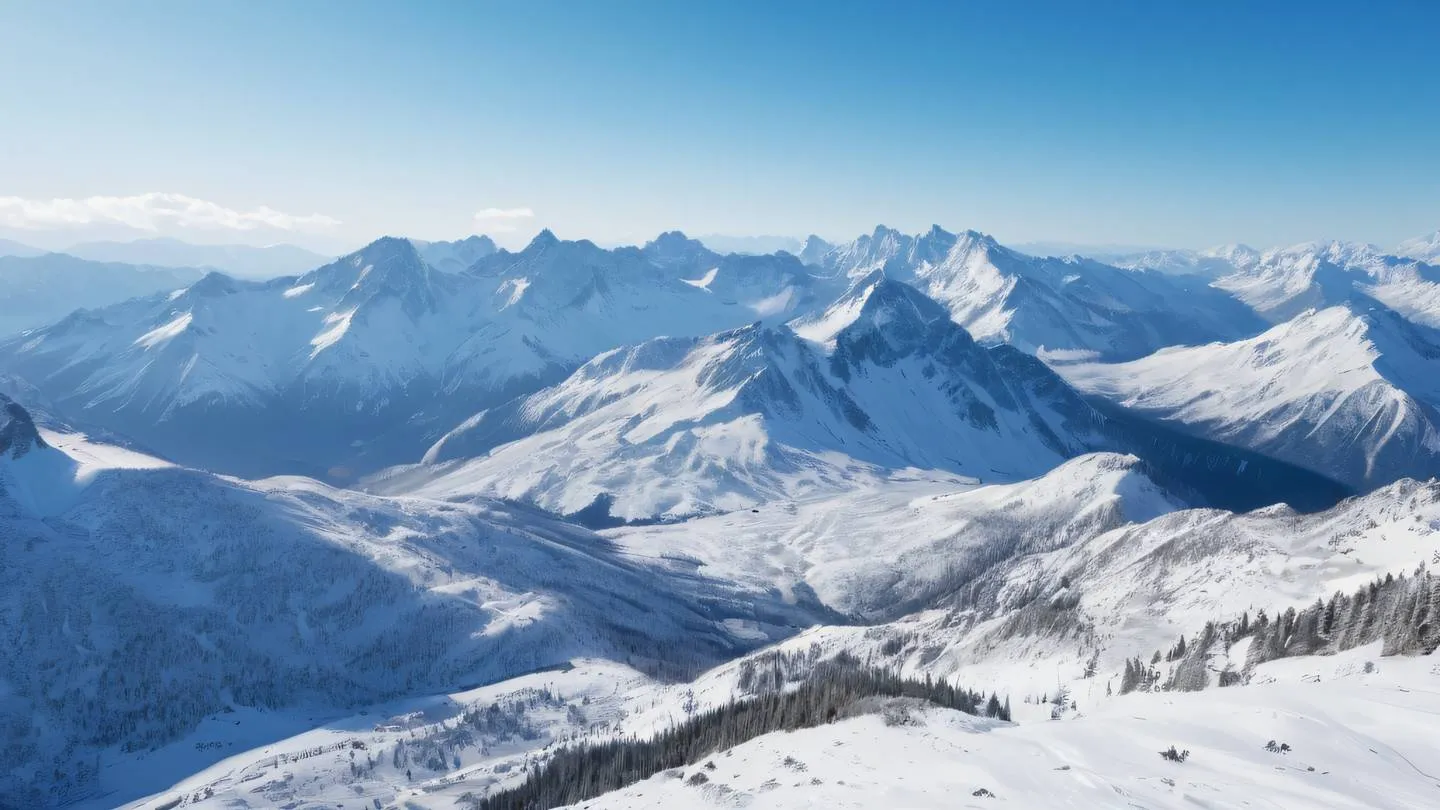 A majestic mountain range with fresh powder snow under clear skies capturing the pristine wilderness. Color palette: Light blue and cobalt with bright white snow peaks. Camera angle: Wide landscape shot from slightly elevated position ultra-realistic cinematic 8K UHD high resolution sharp and detail