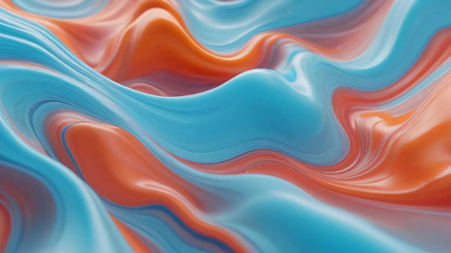 Abstract fluid shapes flowing seamlessly together representing data flow and connectivity. Color palette: Baby blue salmon-orange and ruby red with dynamic movement. Camera angle: Top-down view capturing the entire composition high-quality ultra-realistic cinematic 8K UHD high resolution sharp and detail