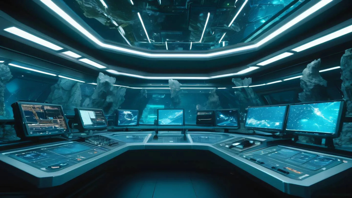 A futuristic space station control room merging with natural elements featuring holographic displays floating among crystalline formations. Dominated by bright turquoise blue and gold accents. Shot from a low angle perspective looking up at the floating elements. high-quality ultra-realistic cinematic 8K UHD high resolution sharp and detail