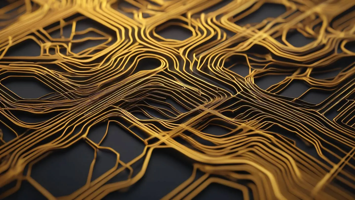 Abstract geometric patterns representing data flow with interconnected nodes and flowing lines. Colors transition from bright clay to metallic gold. Captured from a bird's eye view perspective. high-quality ultra-realistic cinematic 8K UHD high resolution sharp and detail