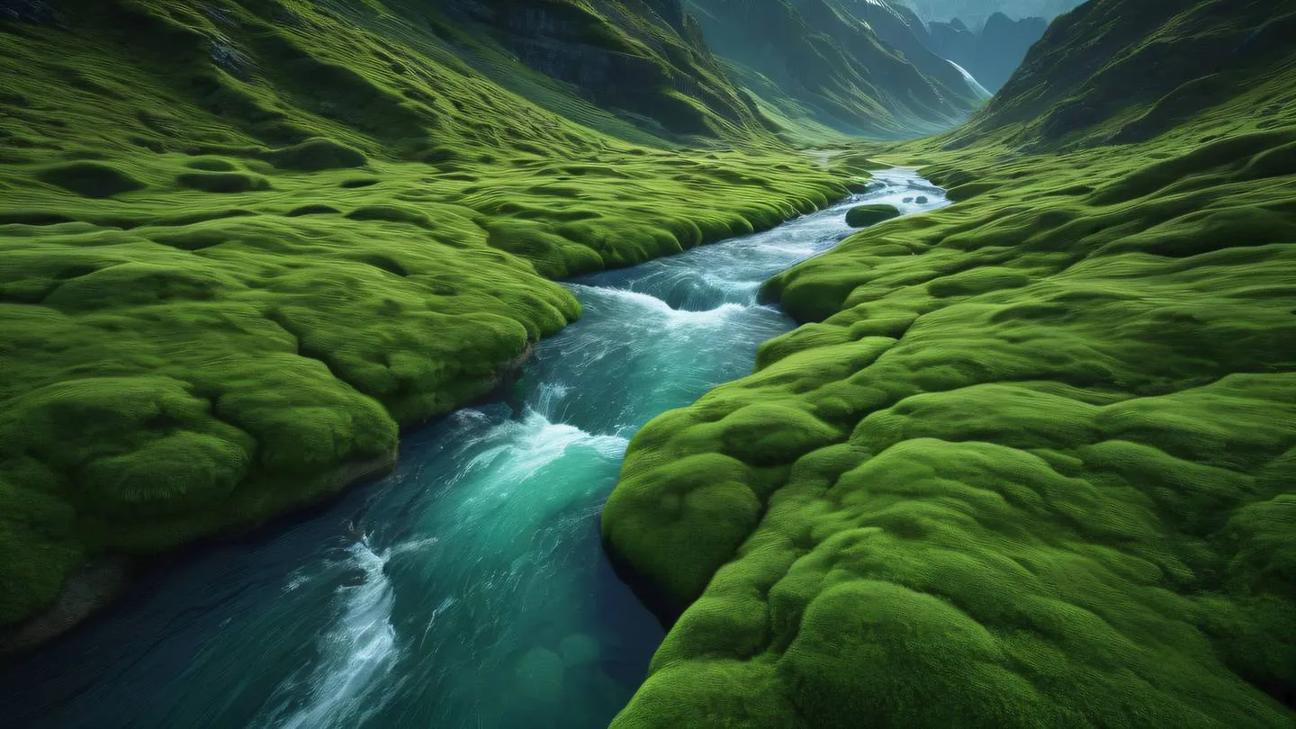 Flowing streams of data visualized as crystalline rivers through a mountainous landscape. Colors featuring fresh moss green transitioning to dark green with subtle neon highlights. Captured from a dramatic side angle perspective. high-quality ultra-realistic cinematic 8K UHD high resolution sharp and detail