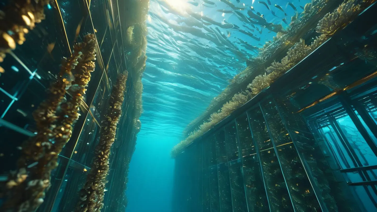 An oceanic data center concept with flowing digital currents and organic coral-like structures. Featuring bright turquoise blue water with golden light rays streaming through. Shot from an underwater upward angle perspective. high-quality ultra-realistic cinematic 8K UHD high resolution sharp and detail