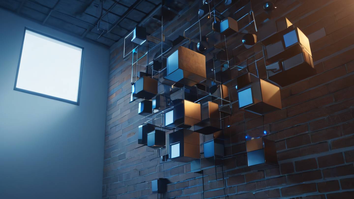A minimalist geometric arrangement of interconnected cubes and spheres floating in space representing data structure and content management. Bright natural tones with sun-washed brick and breezeway blue accents. Shot from a low angle perspective with dramatic lighting. high-quality ultra-realistic cinematic 8K UHD high resolution sharp and detail