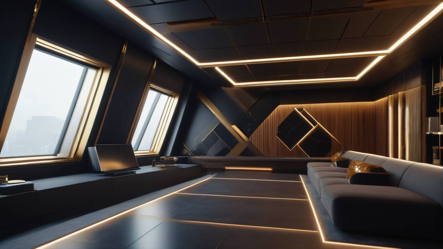 Futuristic interior space with clean lines and geometric patterns featuring dark academia color scheme with warm wood tones and brass accents. Shot from a diagonal perspective with depth of field. high-quality ultra-realistic cinematic 8K UHD high resolution sharp and detail