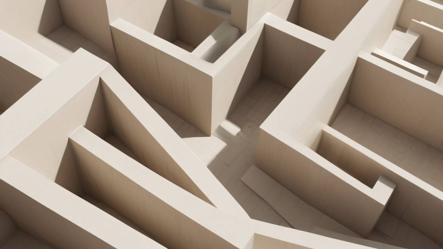 Brush stroke texture forming abstract architectural shapes rendered in neutral tones with bright natural light accents. Captured from a Dutch angle perspective. high-quality ultra-realistic cinematic 8K UHD high resolution sharp and detail