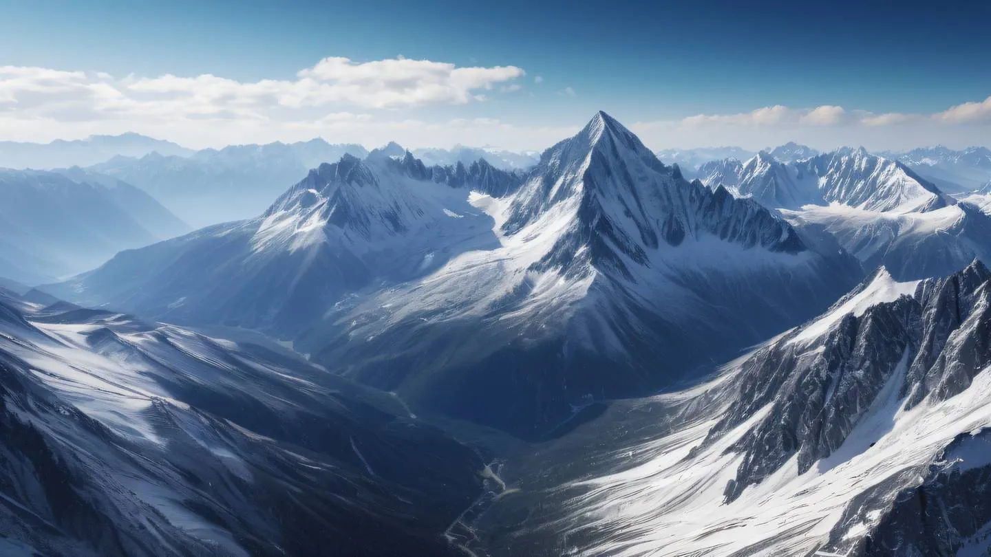 A serene mountain landscape with geometric patterns overlaid featuring sharp peaks and valleys in bright navy and white tones captured from a bird's eye view perspective high-quality ultra-realistic cinematic 8K UHD high resolution sharp and detail