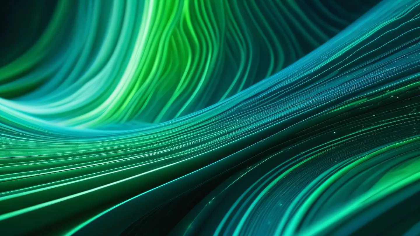 Abstract flowing patterns resembling data streams in bright neon green and stone blue colors captured from a low angle perspective with sweeping curves high-quality ultra-realistic cinematic 8K UHD high resolution sharp and detail