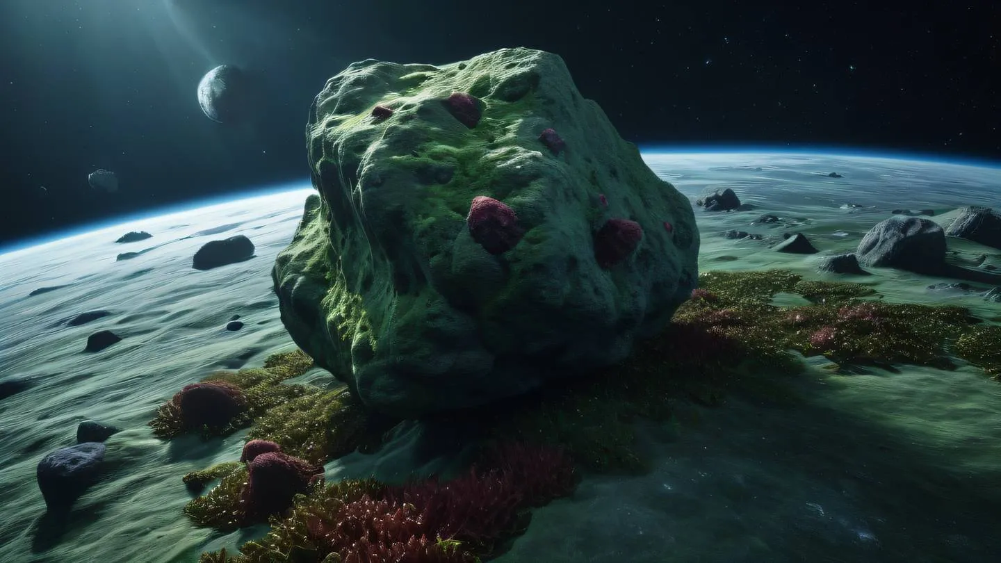 Rocky asteroid floating in space with seaweed green and maroon crystalline formations capturing the texture and depth from a dramatic upward angle high-quality ultra-realistic cinematic 8K UHD high resolution sharp and detail