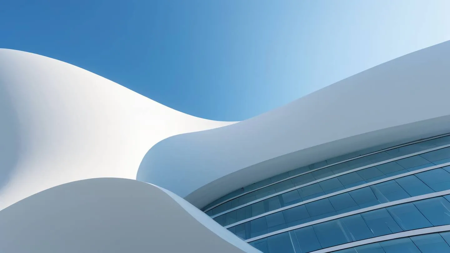 A minimalist architectural structure with flowing curves and clean lines dominated by bright blue and white tones captured from a low angle perspective against a clear sky high-quality ultra-realistic cinematic 8K UHD high resolution sharp and detail