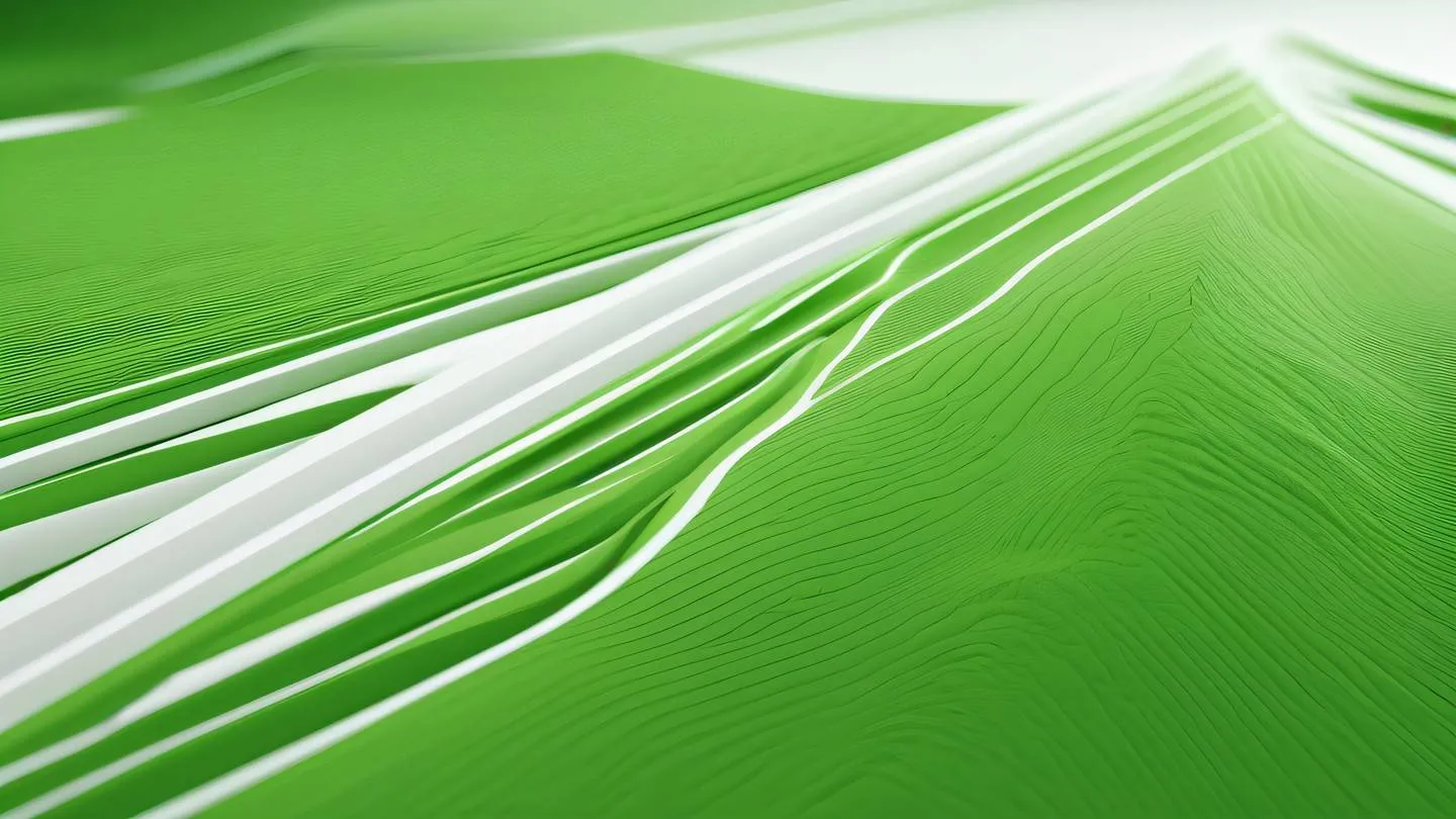 An abstract landscape composition with geometric shapes and flowing lines in bright green and white colors photographed from a diagonal perspective high-quality ultra-realistic cinematic 8K UHD high resolution sharp and detail