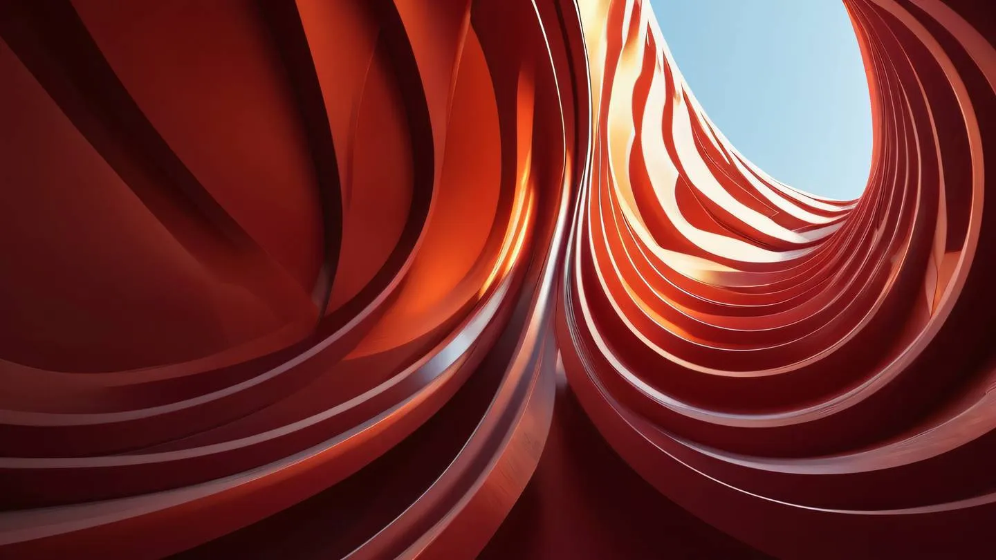 A modern abstract architectural composition with flowing curves and sharp angles featuring bold orange and blood red gradient waves architectural elements cast dramatic shadows shot from a low angle perspective looking up high-quality ultra-realistic cinematic 8K UHD high resolution sharp and detail