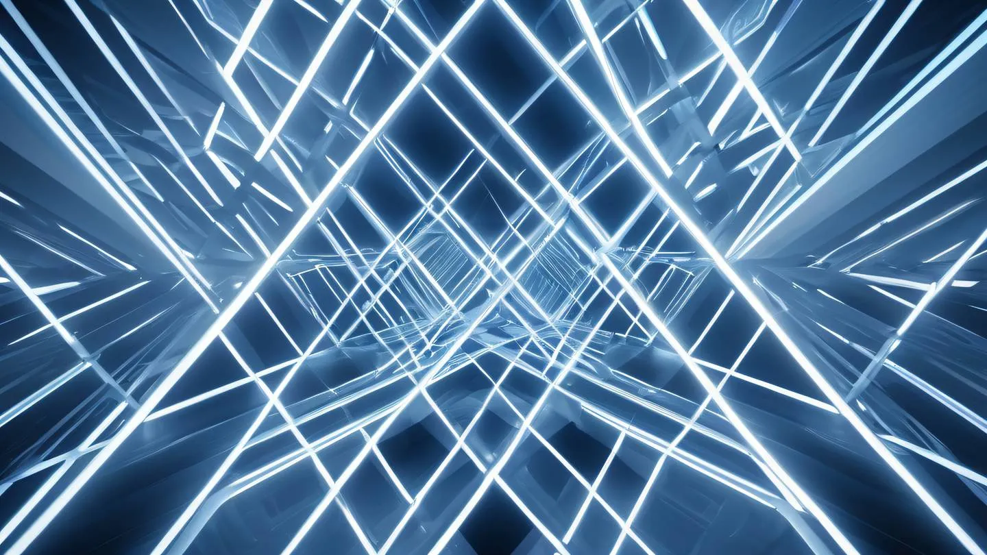 Abstract geometric patterns with intersecting planes and light beams dominated by crisp white and electric blue tones captured from a bird's eye view perspective high-quality ultra-realistic cinematic 8K UHD high resolution sharp and detail