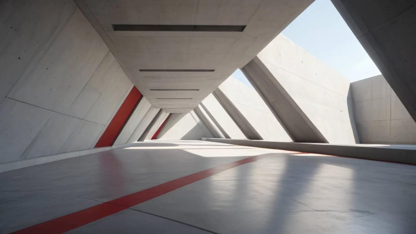 Minimalist concrete architectural space with strong geometric lines and natural light streams featuring white and bold red accents photographed from a diagonal angle showing depth high-quality ultra-realistic cinematic 8K UHD high resolution sharp and detail