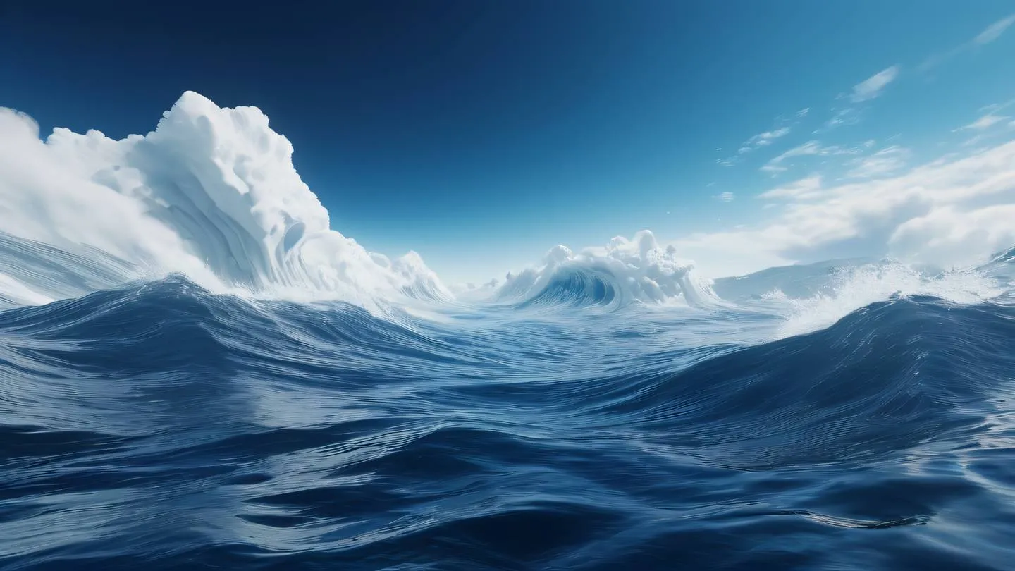 Dynamic abstract landscape with fluid forms and layered textures featuring deep ocean blue and bright white elements creating movement and flow shot from a wide panoramic perspective high-quality ultra-realistic cinematic 8K UHD high resolution sharp and detail