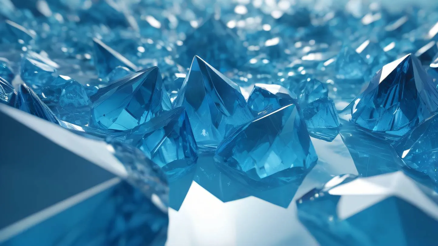 Bright blue crystalline formations emerging from a smooth surface featuring geometric patterns and reflective surfaces captured from a 45-degree angle high-quality ultra-realistic cinematic 8K UHD high resolution sharp and detail