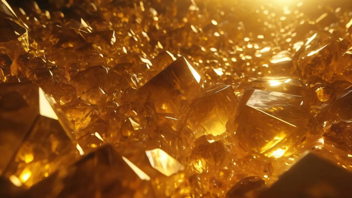 Amber and golden light streaming through geometric crystal formations creating a natural abstract pattern viewed from a low angle perspective high-quality ultra-realistic cinematic 8K UHD high resolution sharp and detail