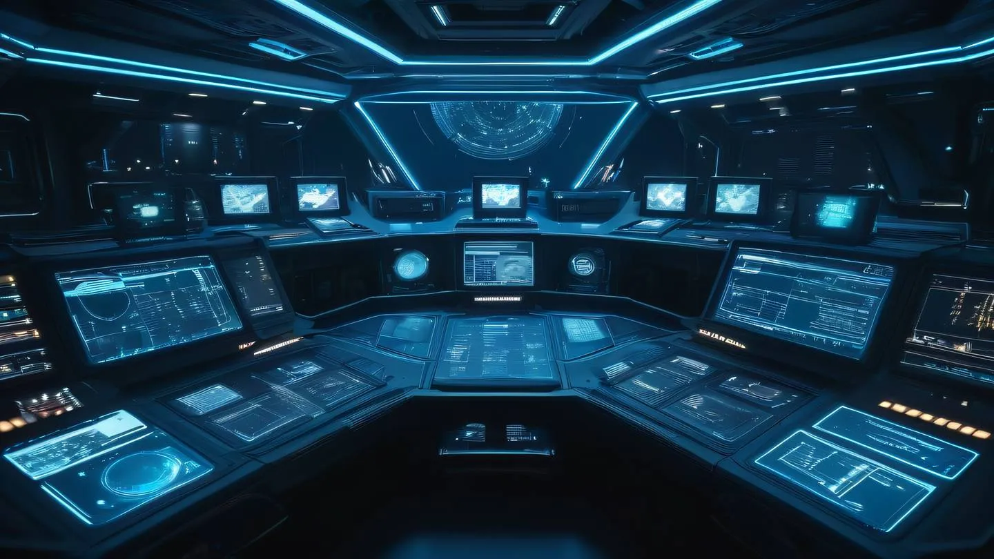 A futuristic space command center with holographic displays floating in the air showing error messages and diagnostic tools rich in dark blue and bright cyan colors dramatic lighting from above ultra-wide angle shot high-quality ultra-realistic cinematic 8K UHD high resolution sharp and detail