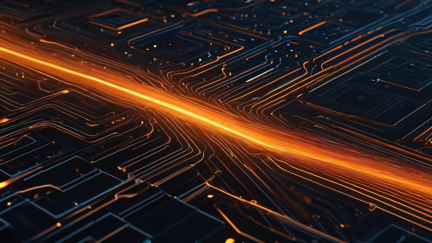 Abstract geometric patterns representing data flow and synchronization flowing from left to right predominantly iridescent and bright orange colors with metallic highlights shot from a top-down perspective high-quality ultra-realistic cinematic 8K UHD high resolution sharp and detail